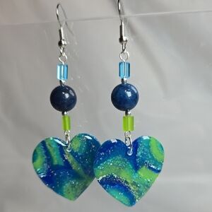 Elegant Blue and Green Heart Earrings With Jade Beads